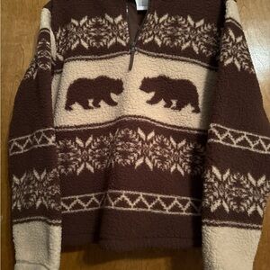 Brown and Cream Bear Pattern Quarter Zip